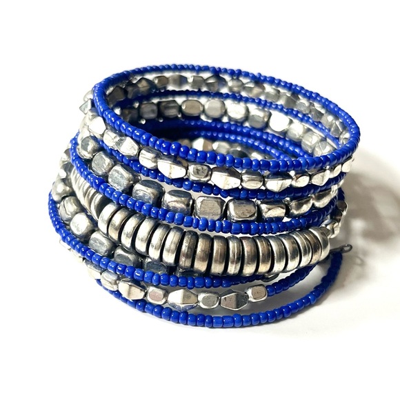 blue beaded & silver stone all in one “slinky” bracelet bangle - Picture 1 of 11